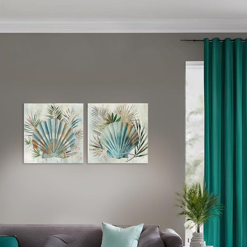 JAPO ART Turquoise Shell Pictures Modern Seashell with Tropical Palm Leaves Canvas Wall Art Coastal Wall Art for Bathroom Bedroom Livingroom Home Decorations 12x12Inchx2pcs - Image 3